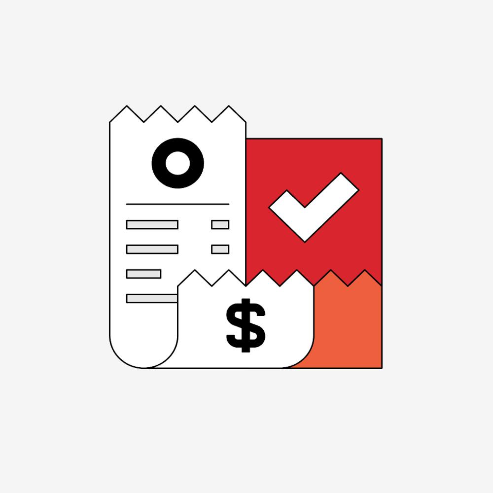 Abstract illustration showing receipts and a checkmark in red, orange, black, and white