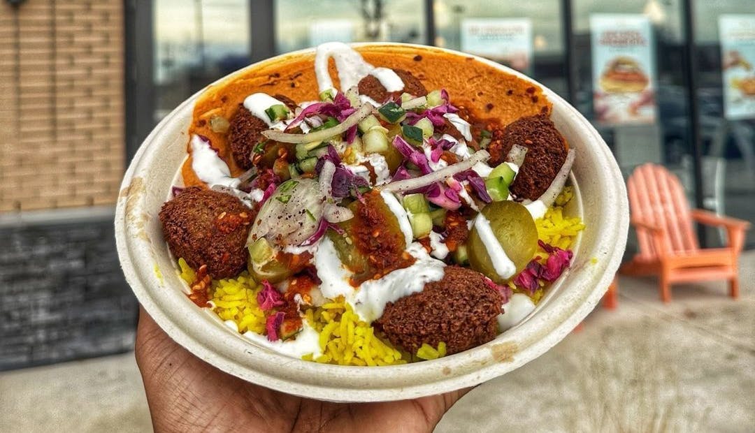 A bowl of falafel from Naf Naf Middle Eastern Grill.