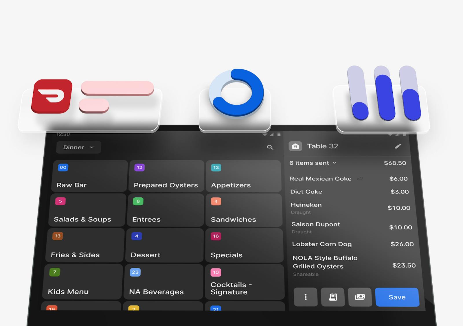 POS screen view of order with chart icons