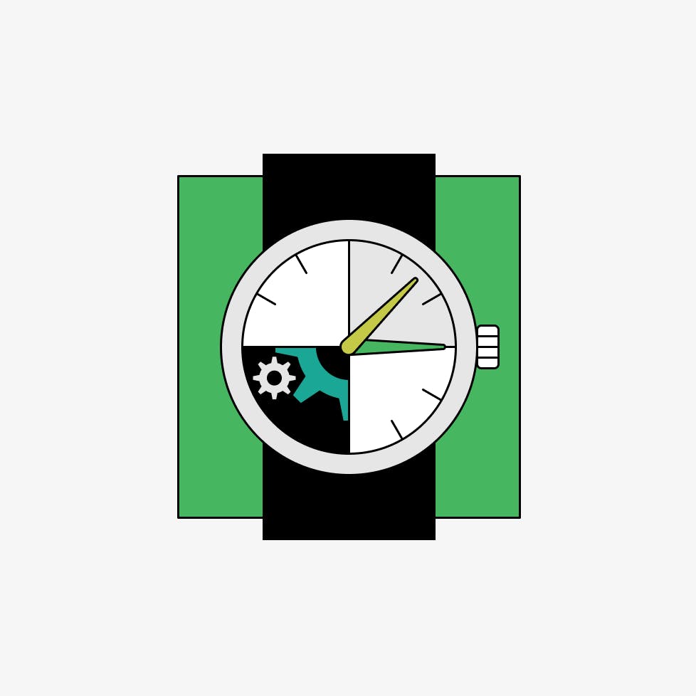 Abstract illustration of a watch in green, black, and white