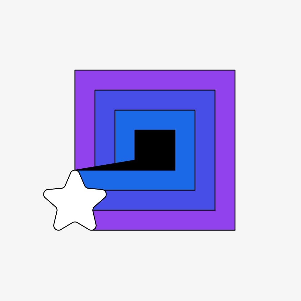 An illustration of purple, blue, and black squares with a white star