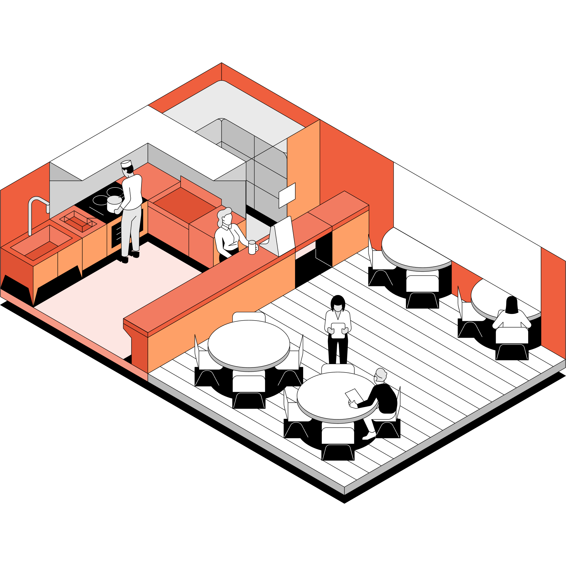 Illustrated restaurant with orange highlights