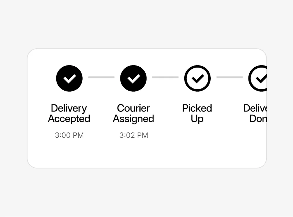 Black and white graphic of a row of checkmarks depicting a progression of order updates