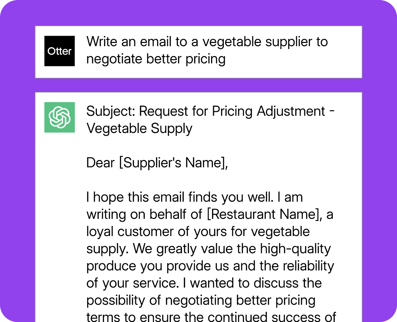 An example ChatGPT prompt for restaurant-focused email replies. 