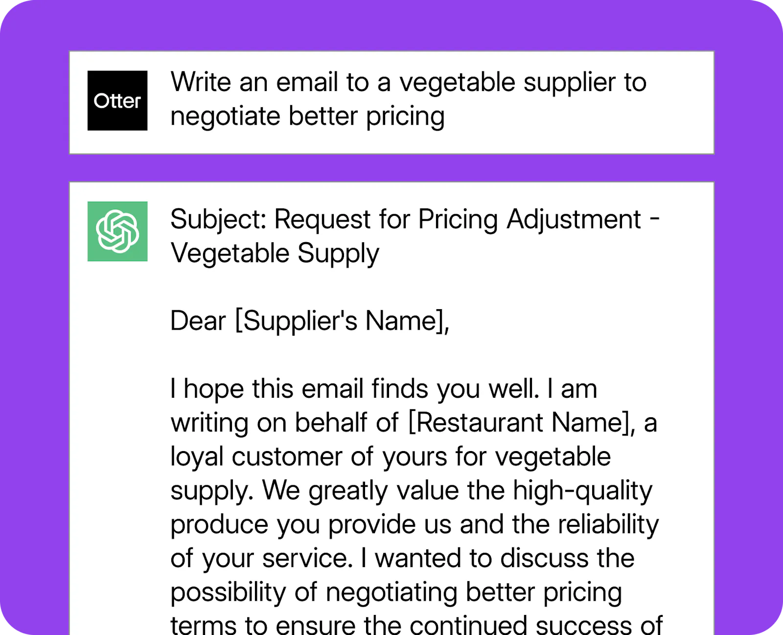 An example ChatGPT prompt for restaurant-focused email replies.