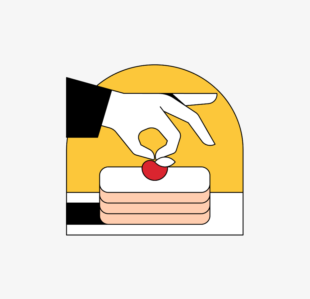 Illustration of a hand placing a red cherry atop an abstract stack