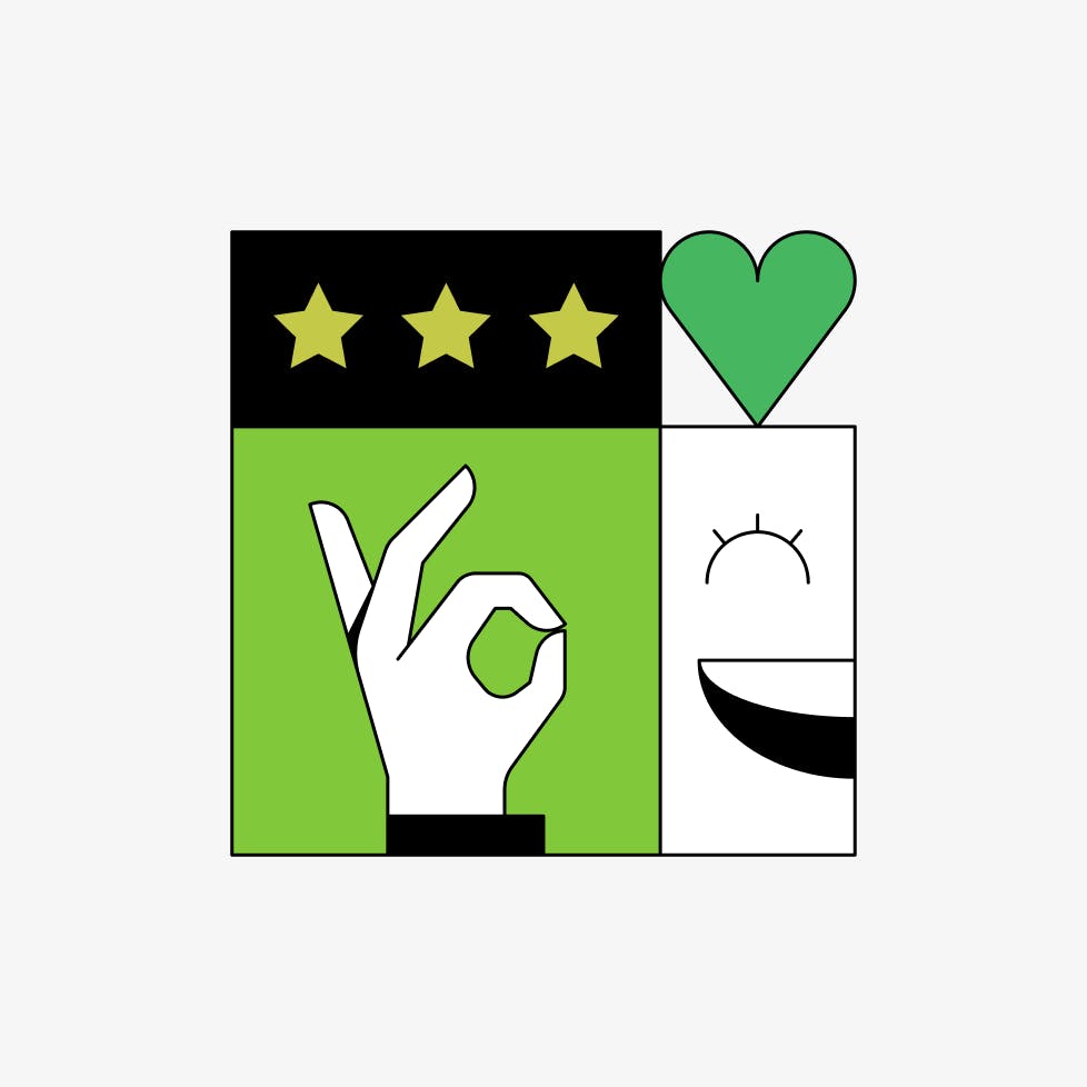 Abstract illustration featuring three green stars, a green heart, a white hand making an ok symbol with pointer finger and thumb, as well as a smiley face