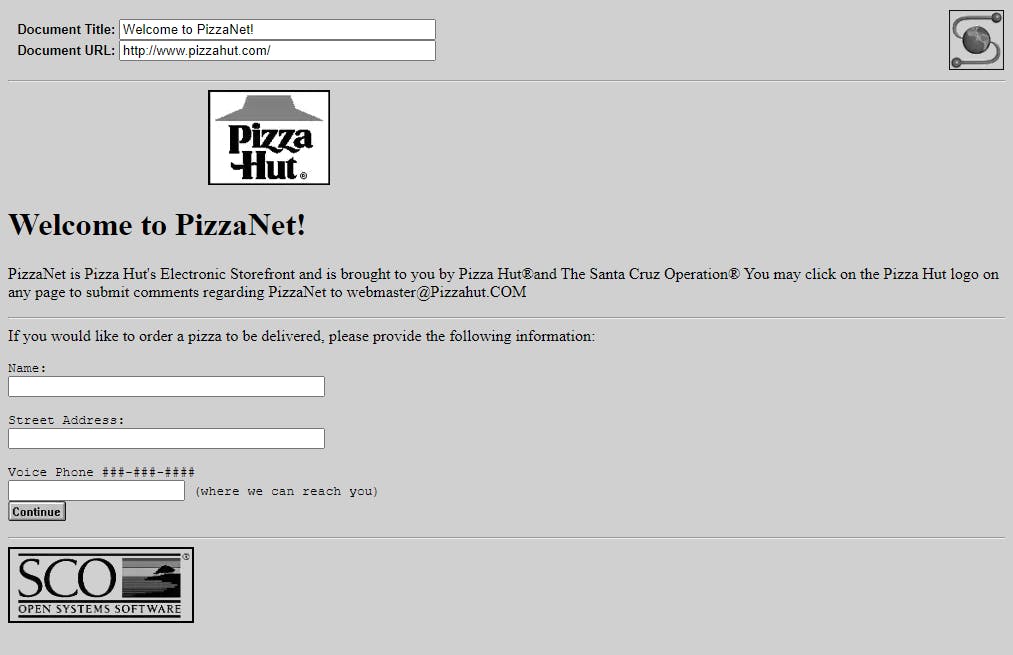 Image of PizzaNet, Pizza Hut's original website ordering solution that came out in 1990