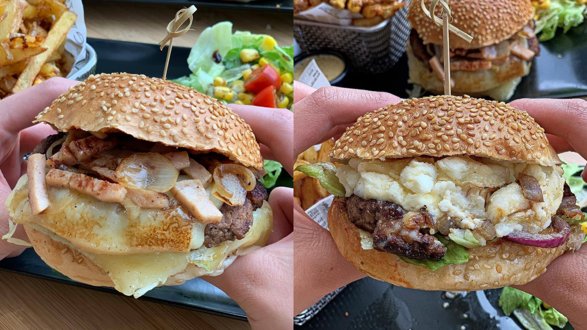 First person point of view of two burgers