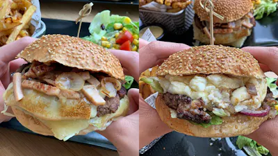 First person point of view of two burgers