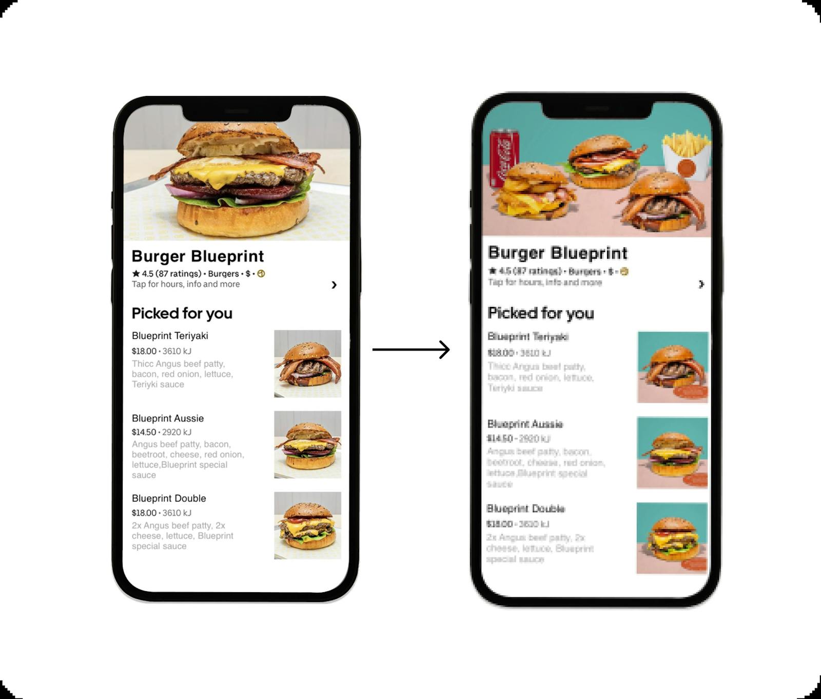 Image of mobile renders showing before after images of delivery apps with improved menu images 