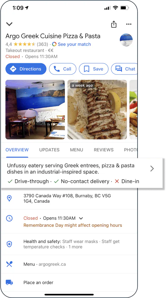 Image of a restaurant's Google Business profile description