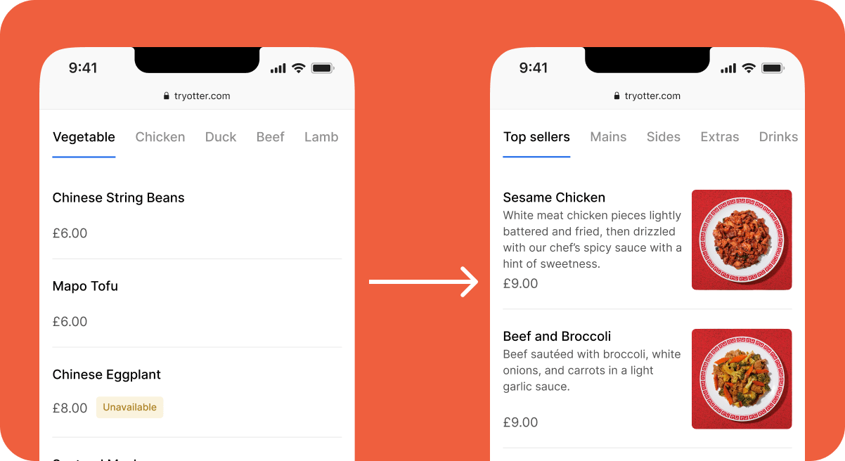 Image showing the before after of a delivery app menu with description and images