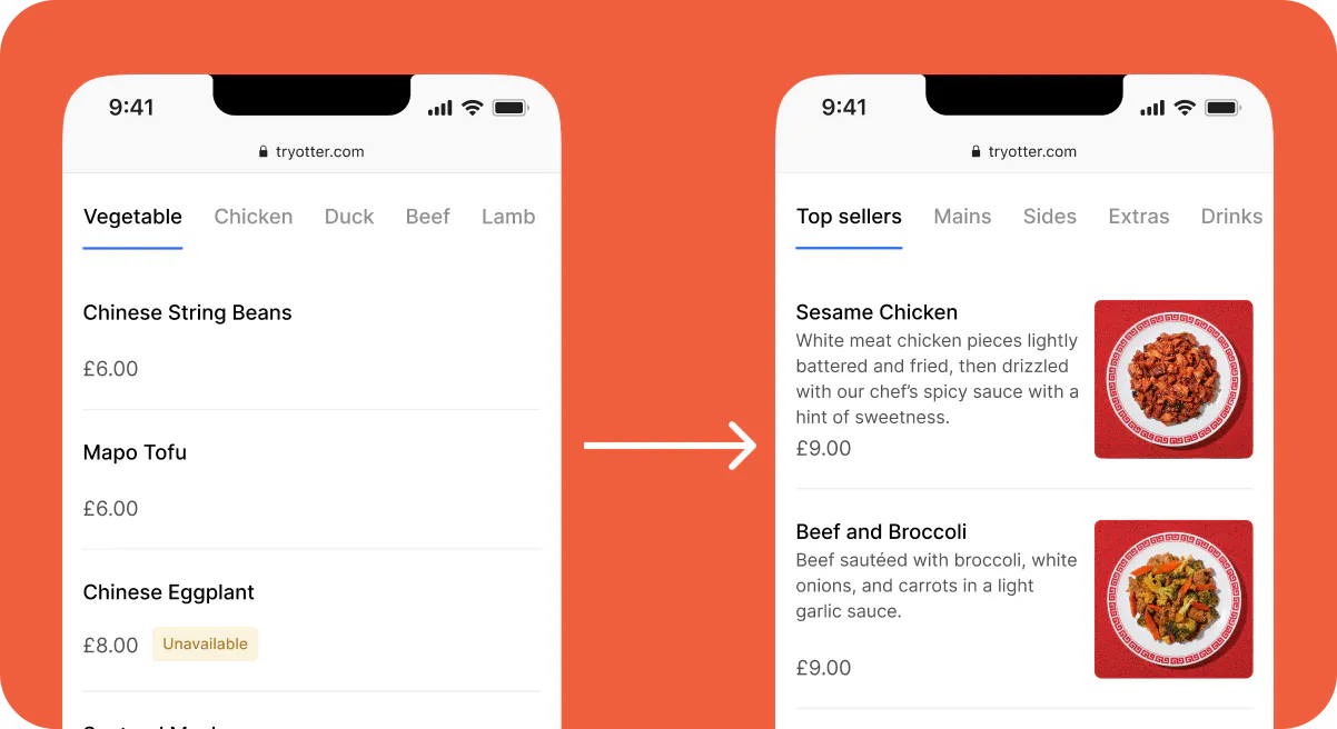 Image showing the before after of a delivery app menu with description and images