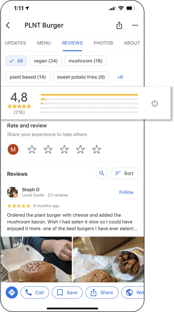 Image of a restaurant's rating on its Google Business profile