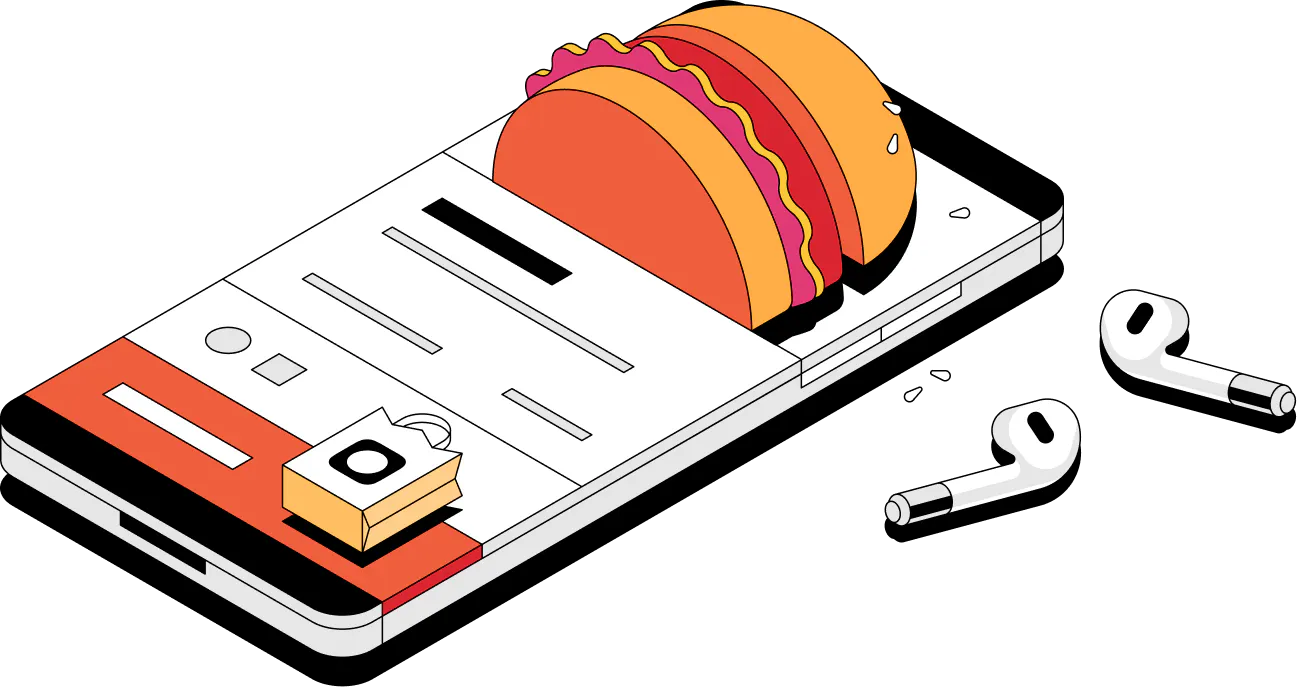 Illustrated image of an iPhone with a burger on the screen to symbolize online food ordering