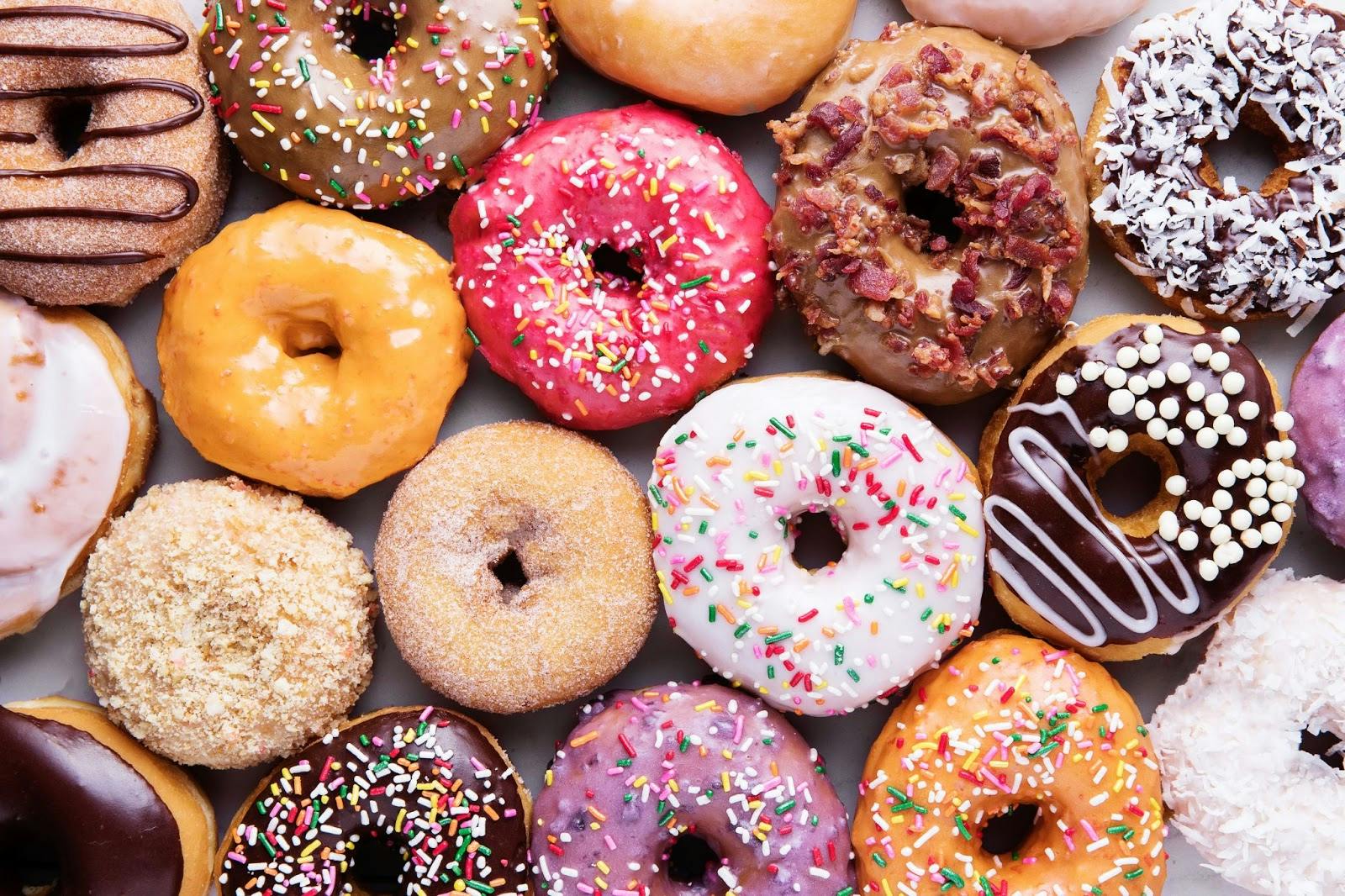 Close up image of assorted donuts