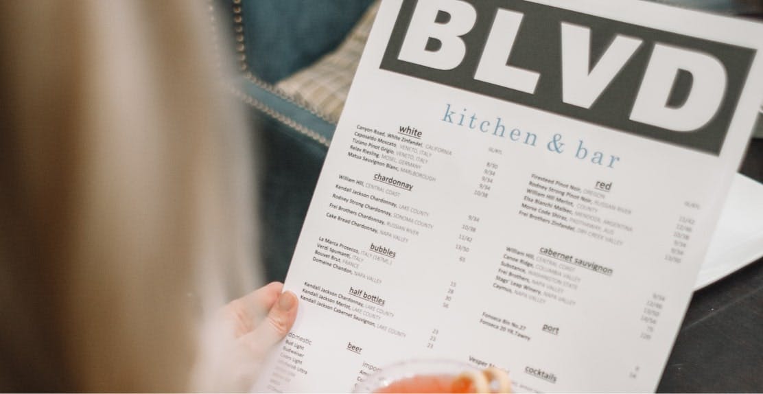 Image of a restaurant menu for BLVD kitchen & bar