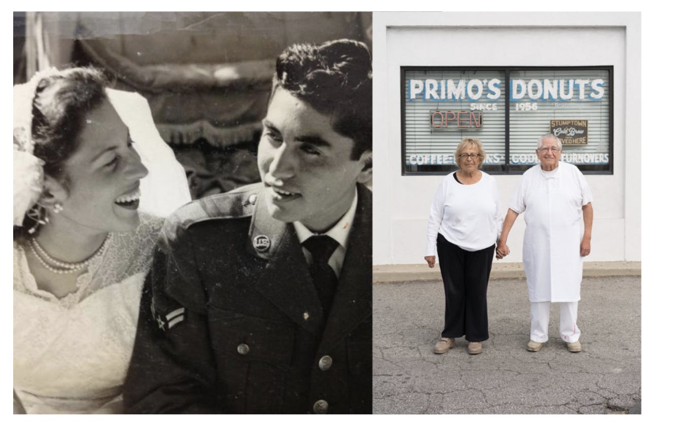 Image of husband and wife when they were first married next to an image of husband and wife today, in front of their donut shop, Primo's