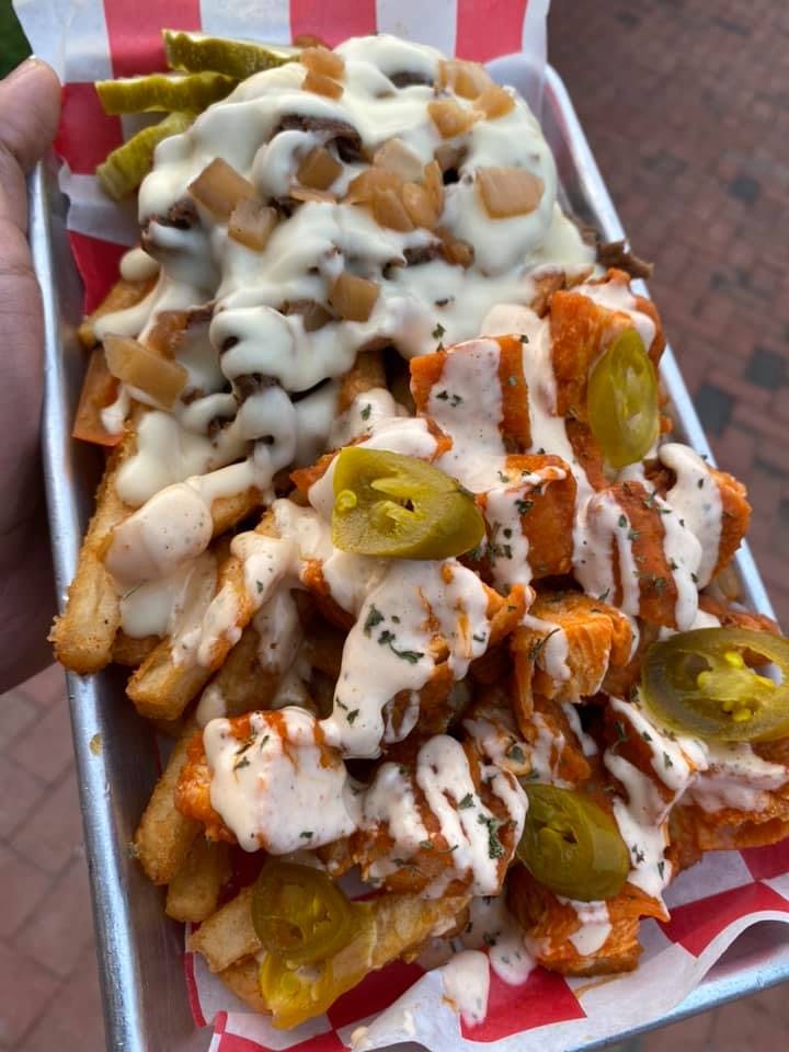 Images of B-Unos loaded fries topped with sauces, jalapeños, cheese and more
