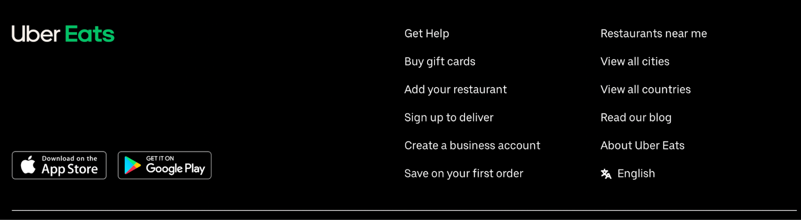 Image of the Uber Eats website footer 