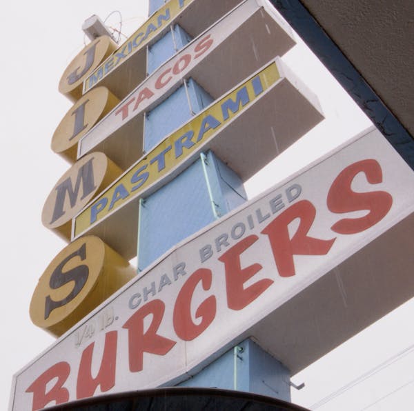 The logo of Jim's Burgers in Bell, California. 