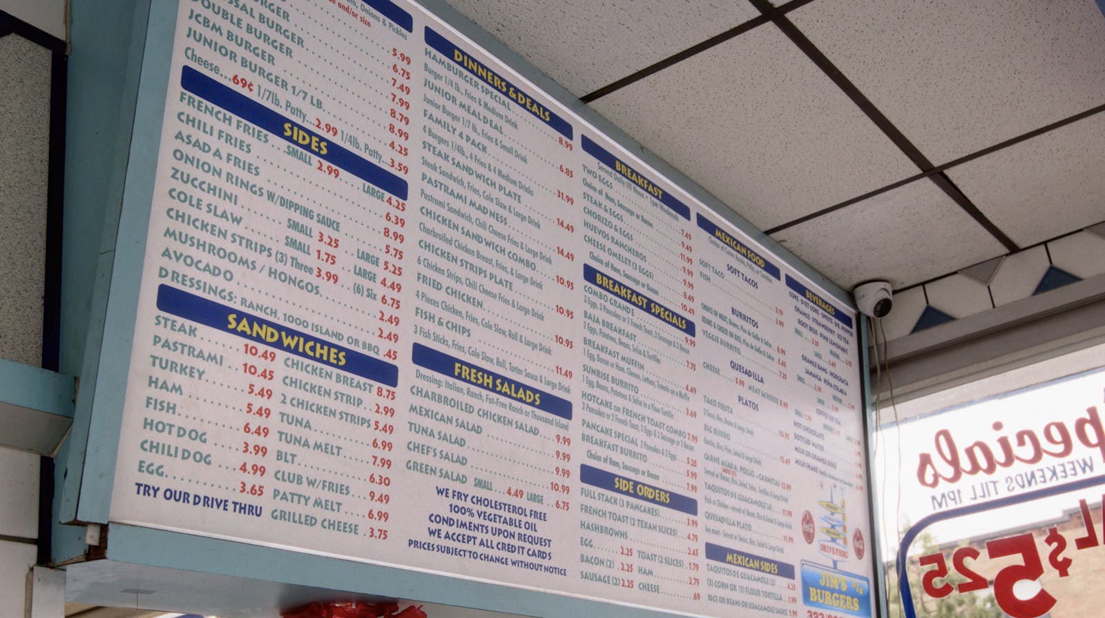 The menu at Jim's Burgers.
