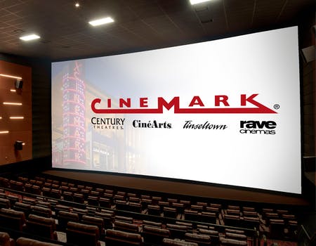 The interior of a Cinemark theater chain. 