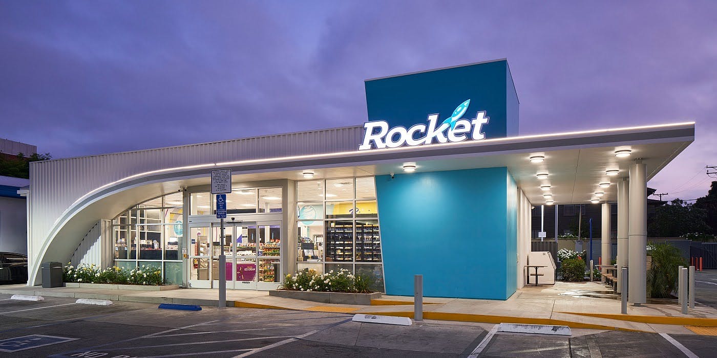 A Rocket gas station's exterior. 