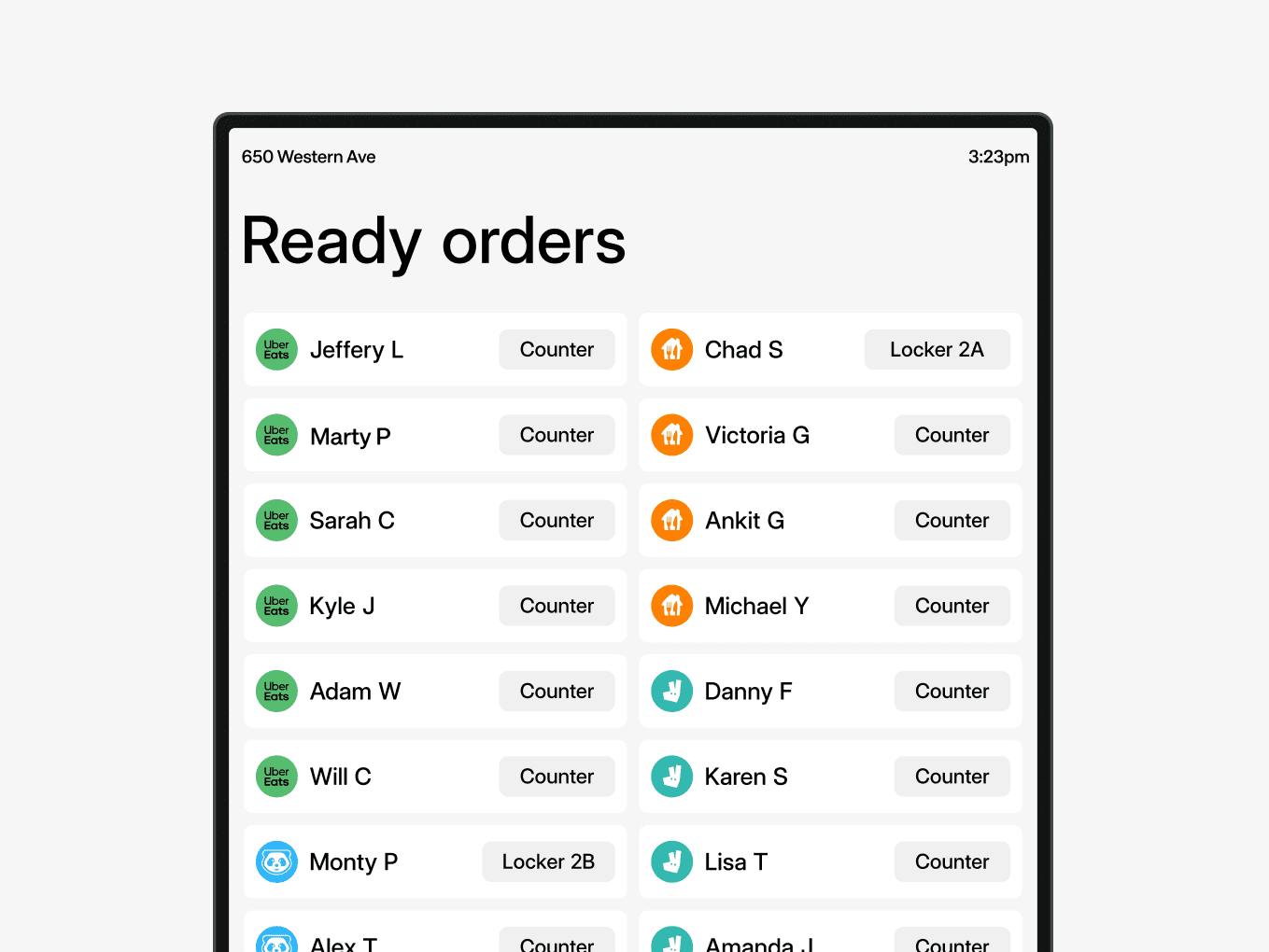 Device screen displaying ready orders by name and order location