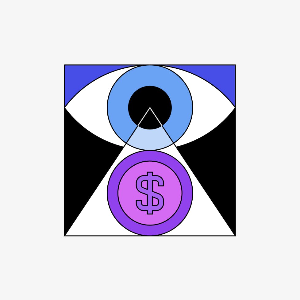 Abstract illustration of a blue eye and purple dollar signs 