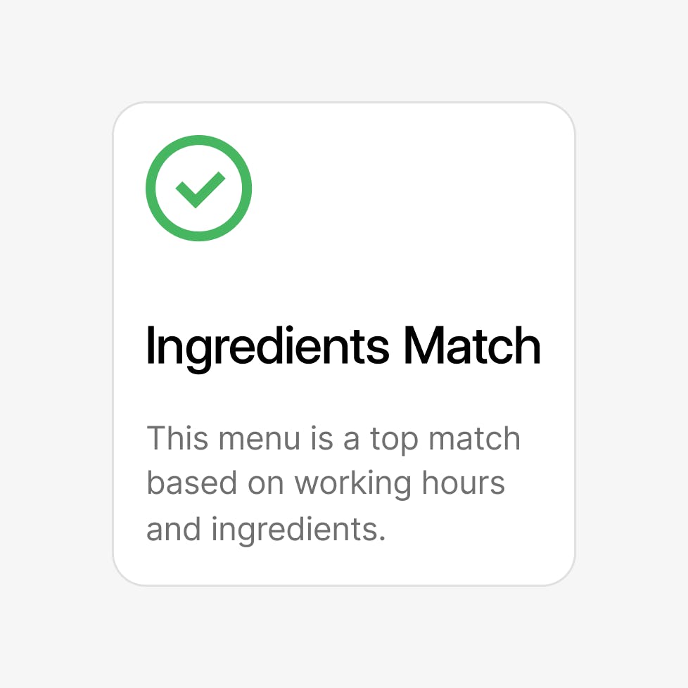 White square with green checkmark and black text indicating Ingredients Match