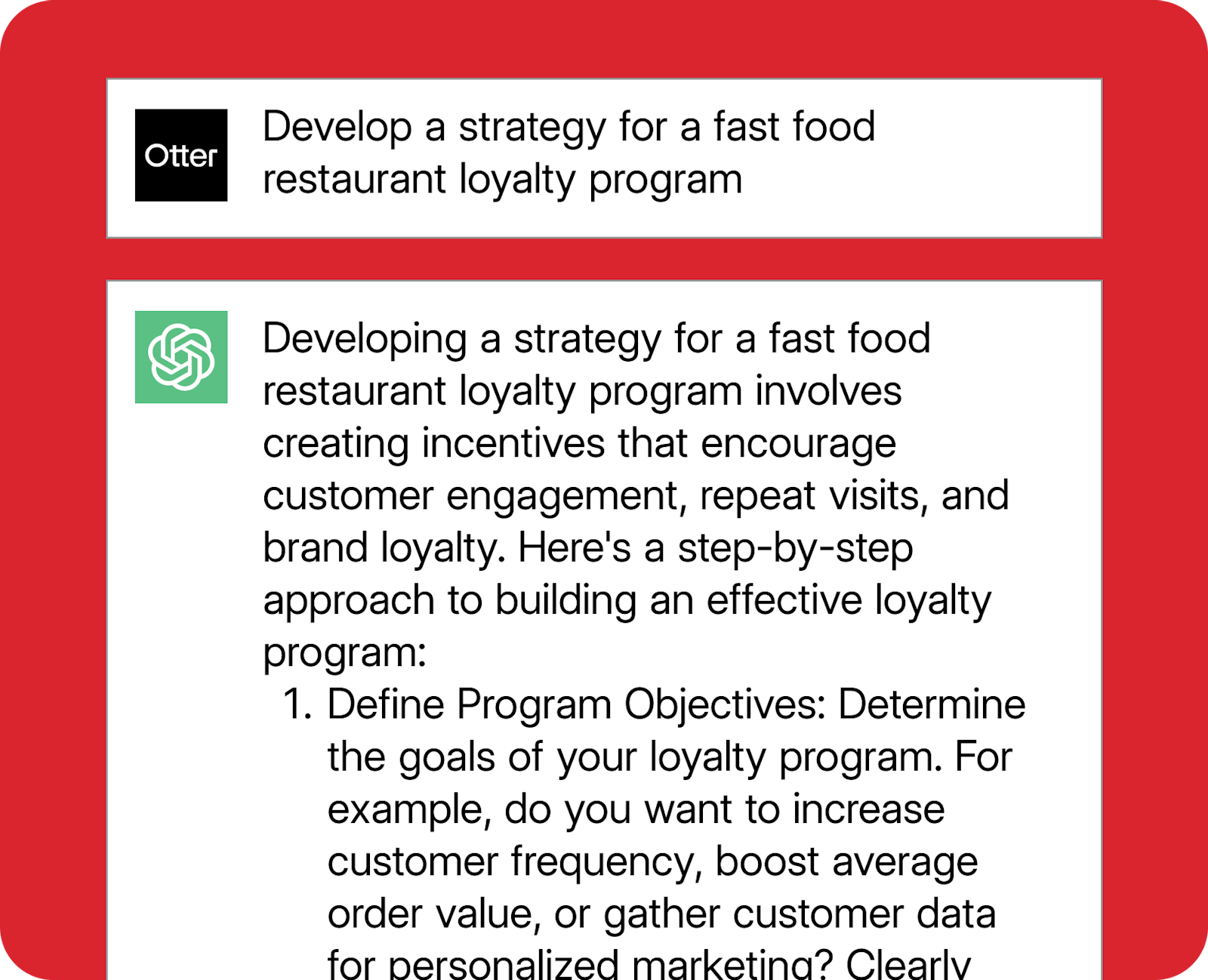 An example ChatGPT prompt for restaurant promotion ideas. 