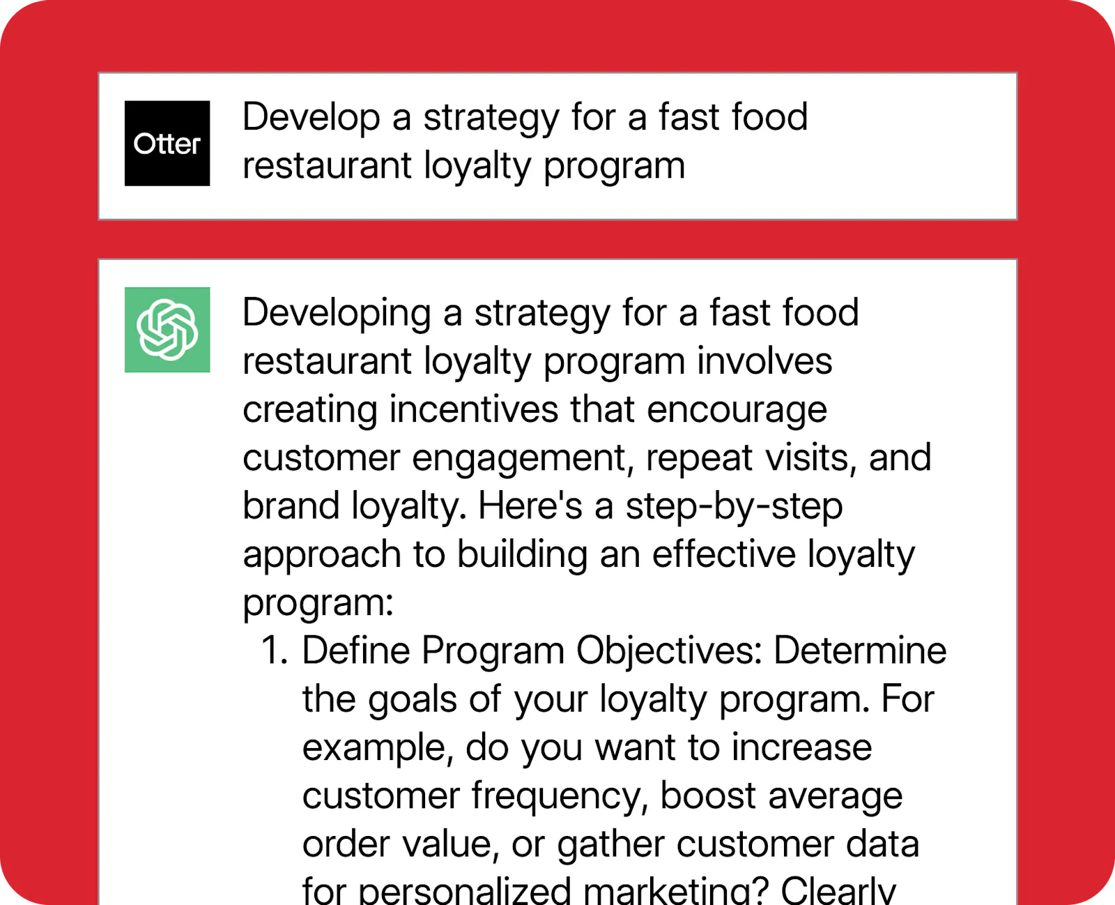 An example ChatGPT prompt for restaurant promotion ideas.