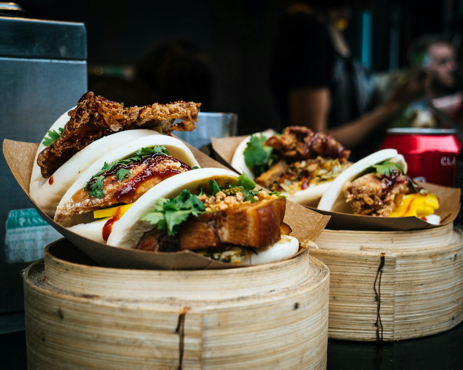 Some bao sandwiches in an Asian restaurant. 