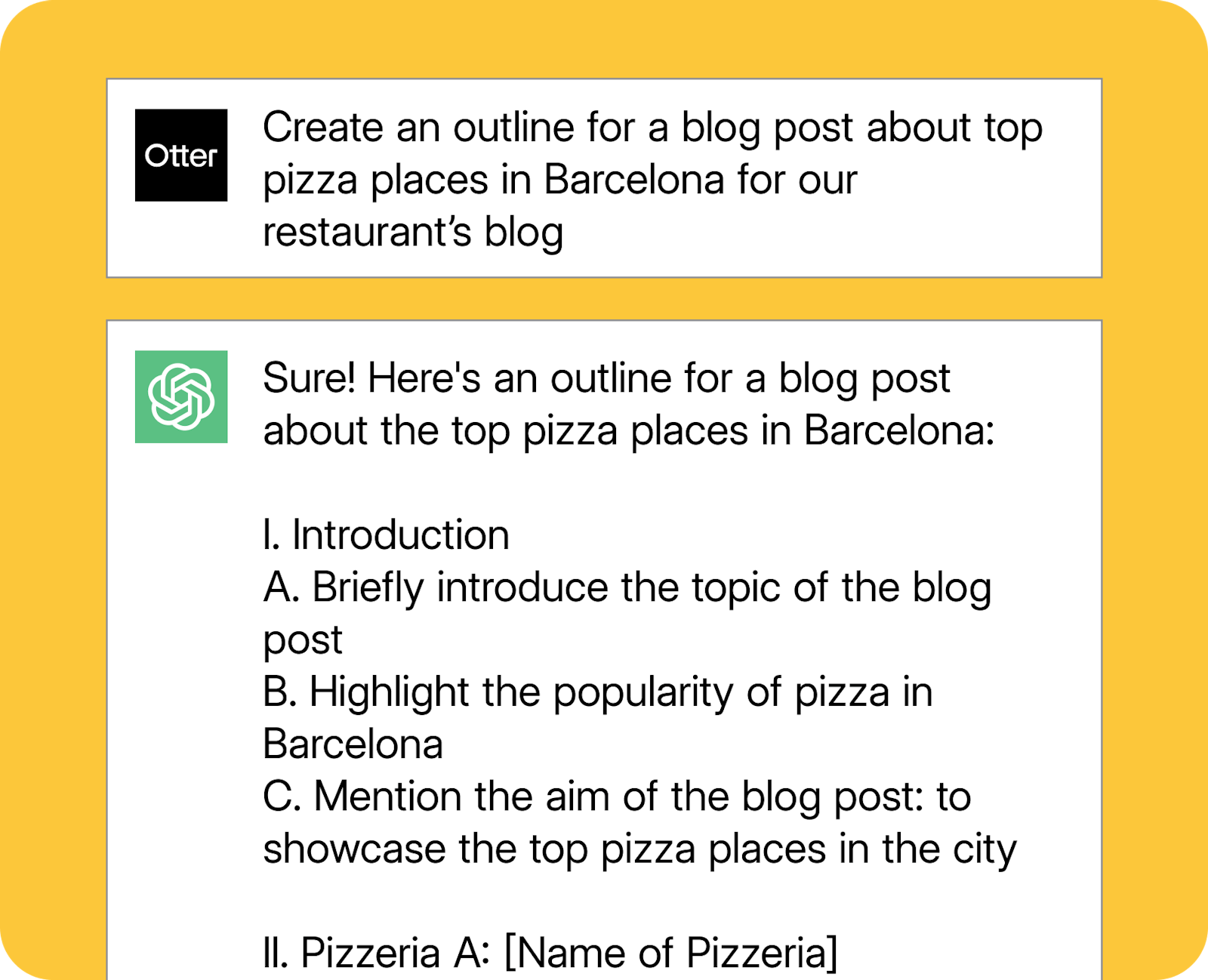 An example ChatGPT prompt for a restaurant blog outline. 