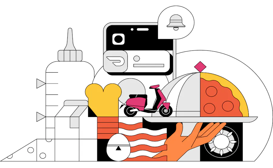 Multicolored illustrated collage of food related icons