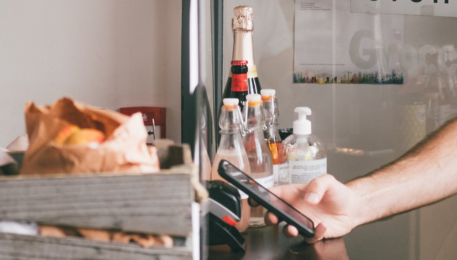 A QR code being scanned in a restaurant.