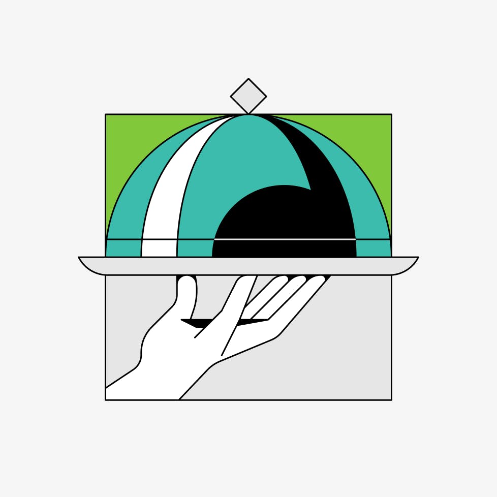 Illustration of a hand carrying a teal covered platter on a green and gray background