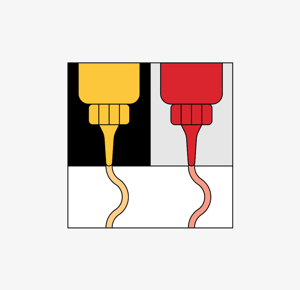 Illustration of yellow mustard and red ketchup being squeezed out of bottles