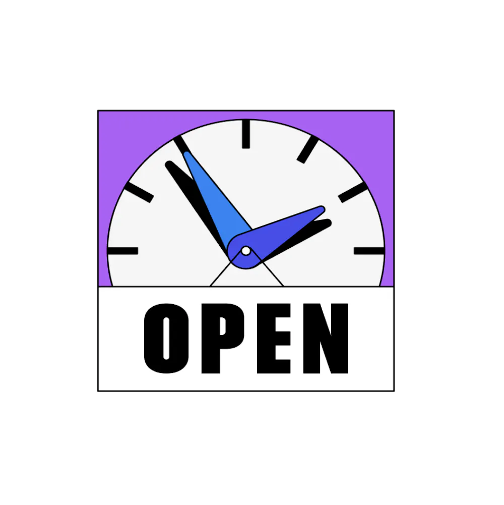 A purple, white, and black open sign