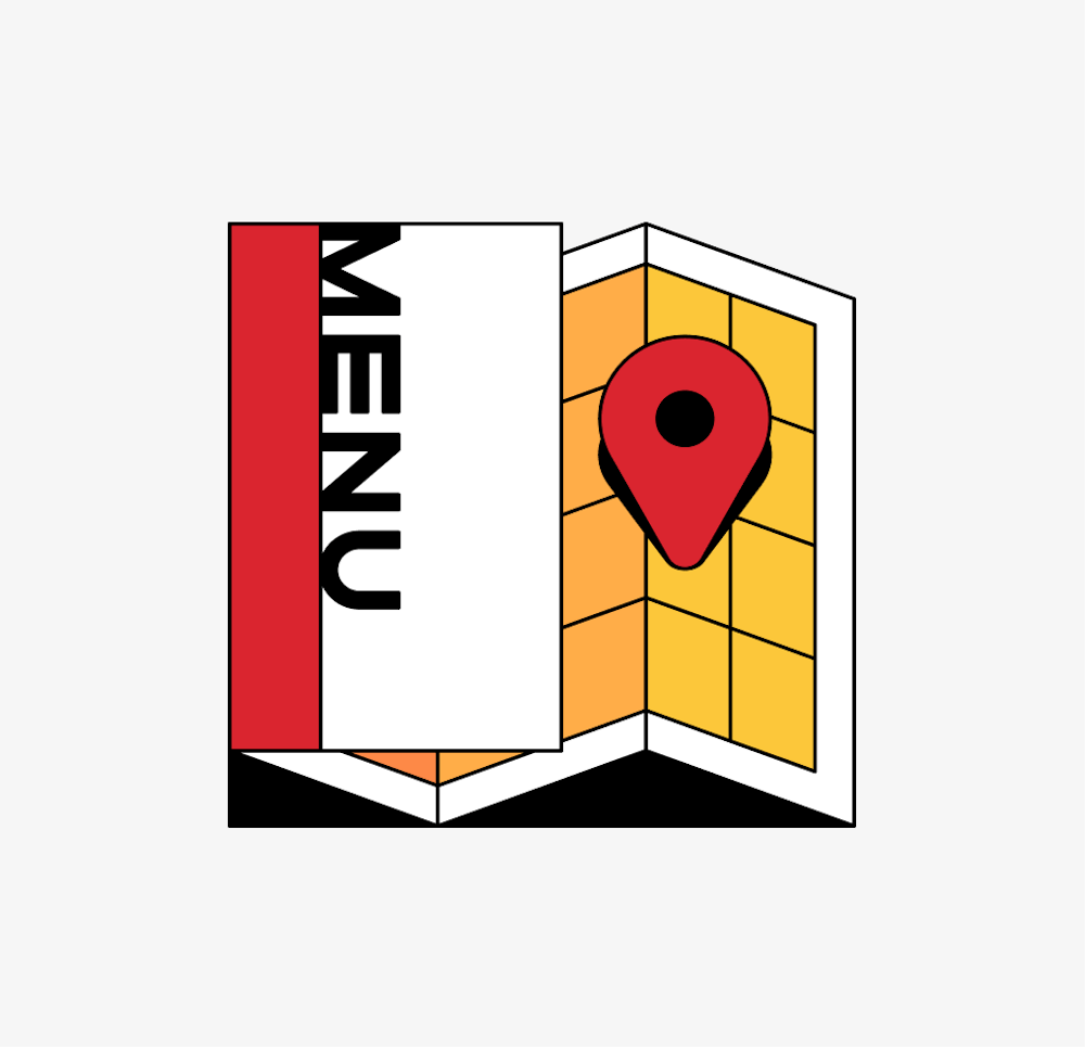abstract illustration of a menu, map, and location pin in red, yellow, black, and white