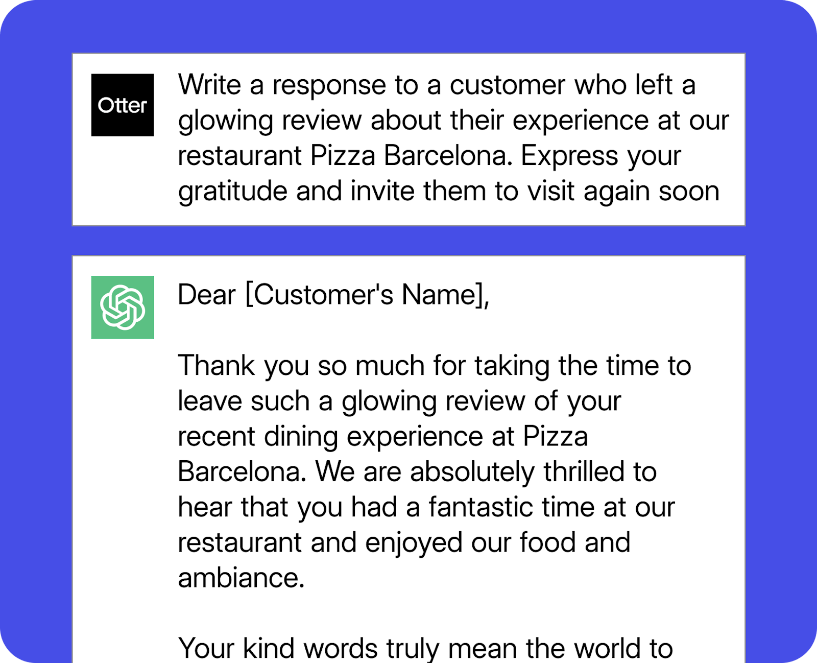 An example ChatGPT prompt for restaurant-focused customer review responses.