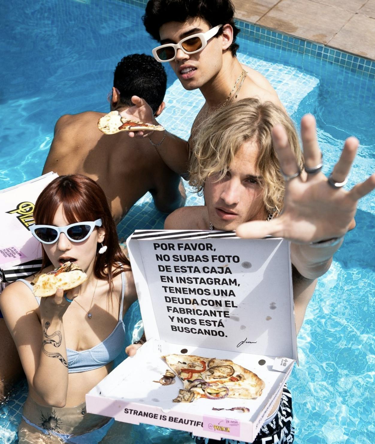 Social media post from Otter partner Pizzaclik featuring four young people eating pizza in the pool