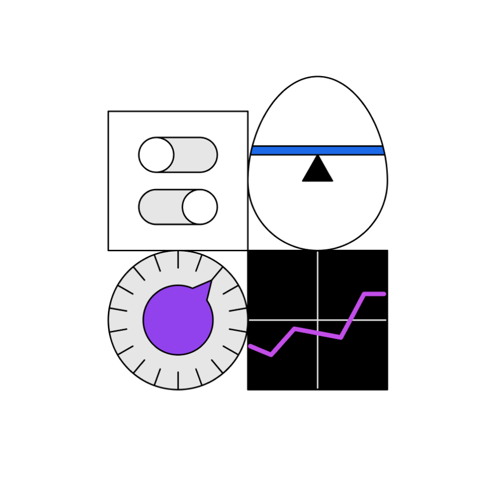 Abstract illustrations of toggle, graphs and dials with purple accent colors
