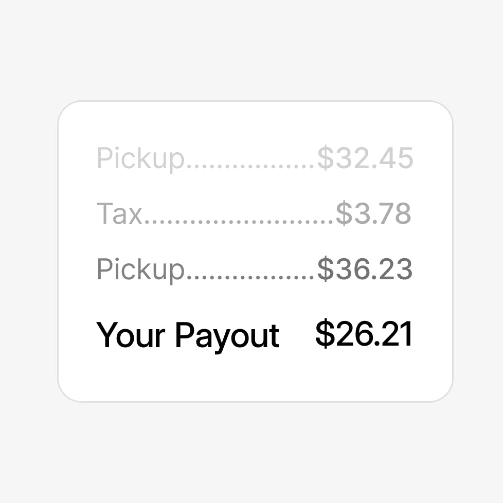 Example of a payout screen showing dollar amounts for Pickup, Tax, and Your Payout 