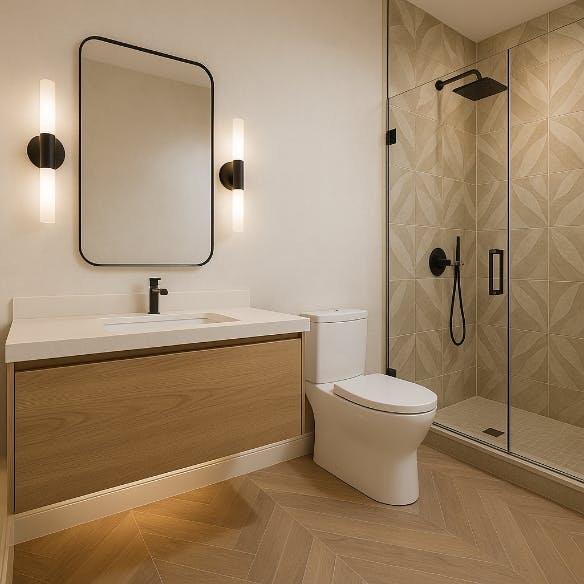 A refreshed guest bathroom featuring contemporary tile work, streamlined hardware, and a bright, clean design that feels welcoming to visitors.