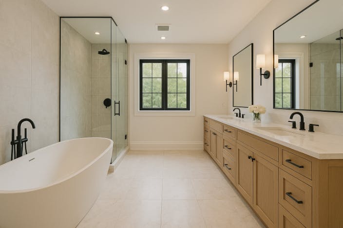 A spa-inspired primary bathroom with a glass shower enclosure, elegant fixtures, and clean modern finishes for a luxurious daily escape.