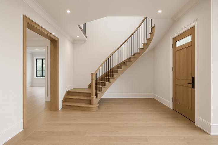 A redesigned staircase with modern railings and warm wood steps, connecting each level with a stylish architectural focal point.