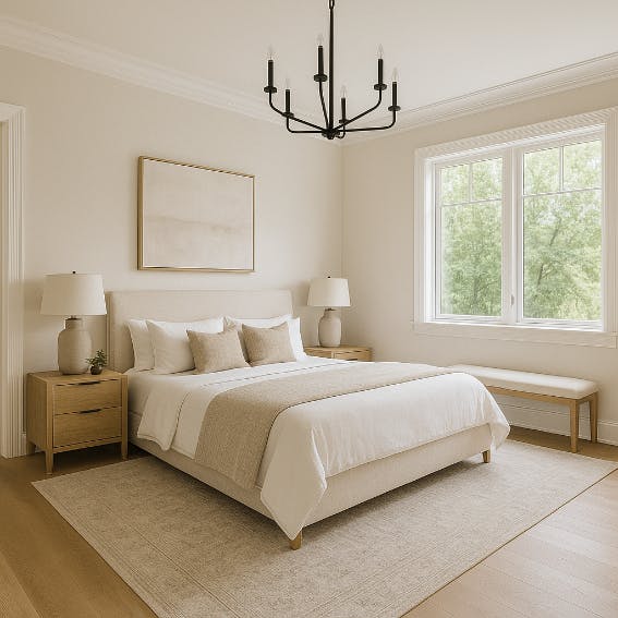 A serene primary bedroom with calming colors, minimalist furniture, and soft natural light, creating a peaceful personal retreat.